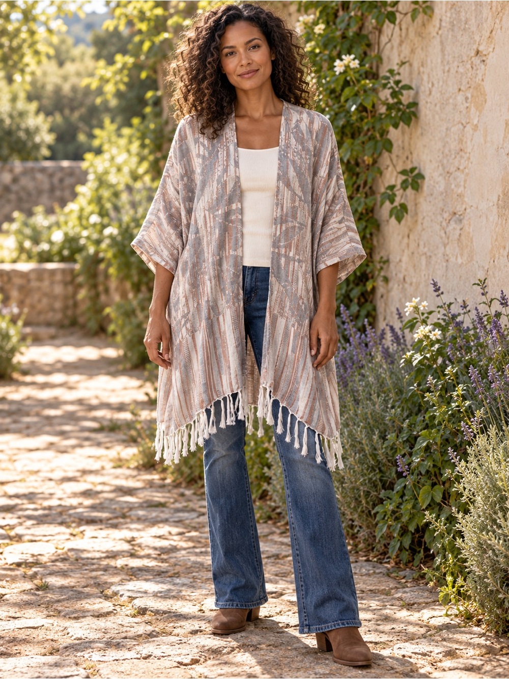 Soft Surroundings Lightweight Fringe Topper S/M Boho Open Front Cardigan Duster